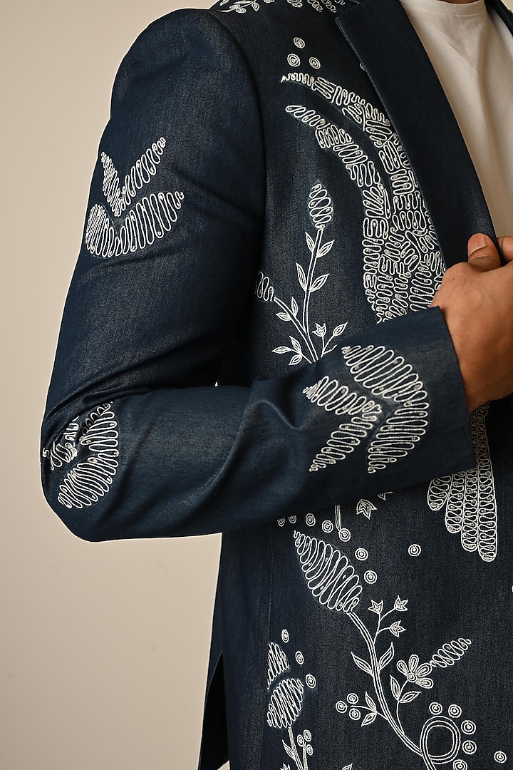 Dark Blue Denim Thread Embroidered Blazer by PAARSH at Pernia's Pop Up Shop