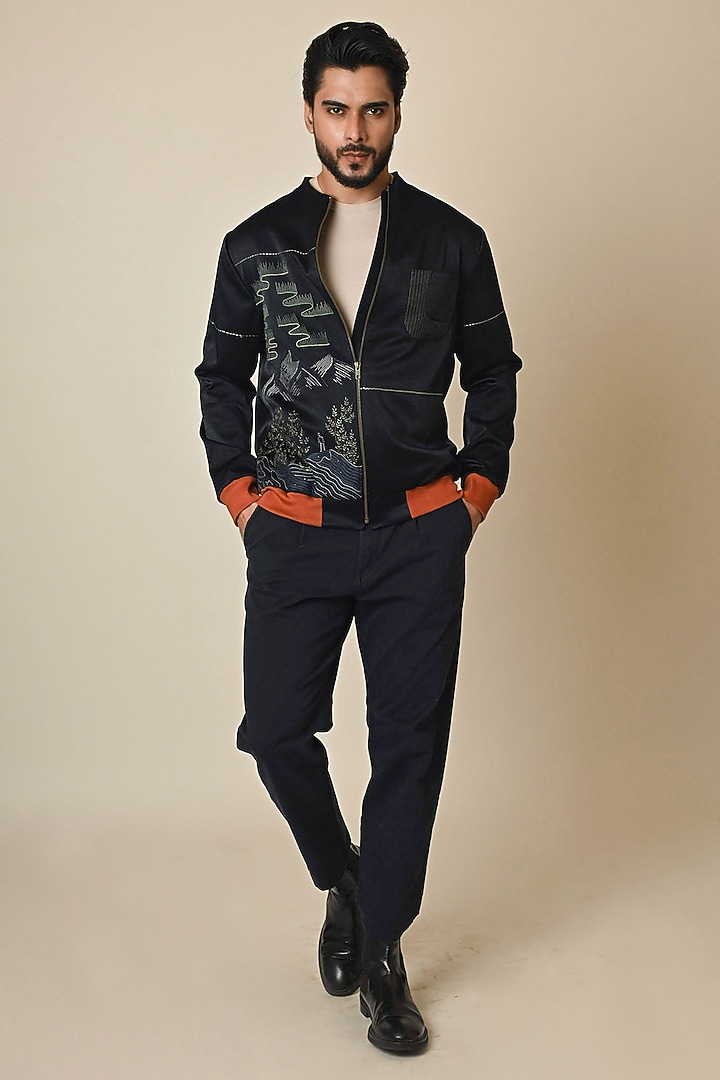Navy Blue Satin Suiting Thread Embroidered Bomber jacket by PAARSH at Pernia's Pop Up Shop