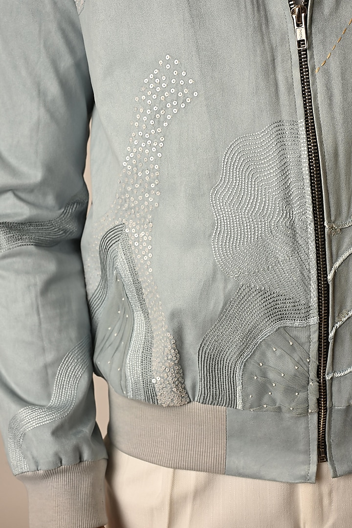 Baby Blue Suede Thread Embroidered Bomber Jacket by PAARSH at Pernia's Pop Up Shop