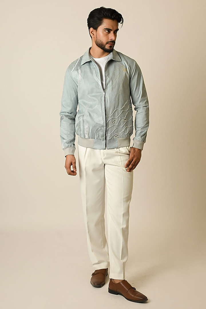 Baby Blue Suede Thread Embroidered Bomber Jacket by PAARSH at Pernia's Pop Up Shop
