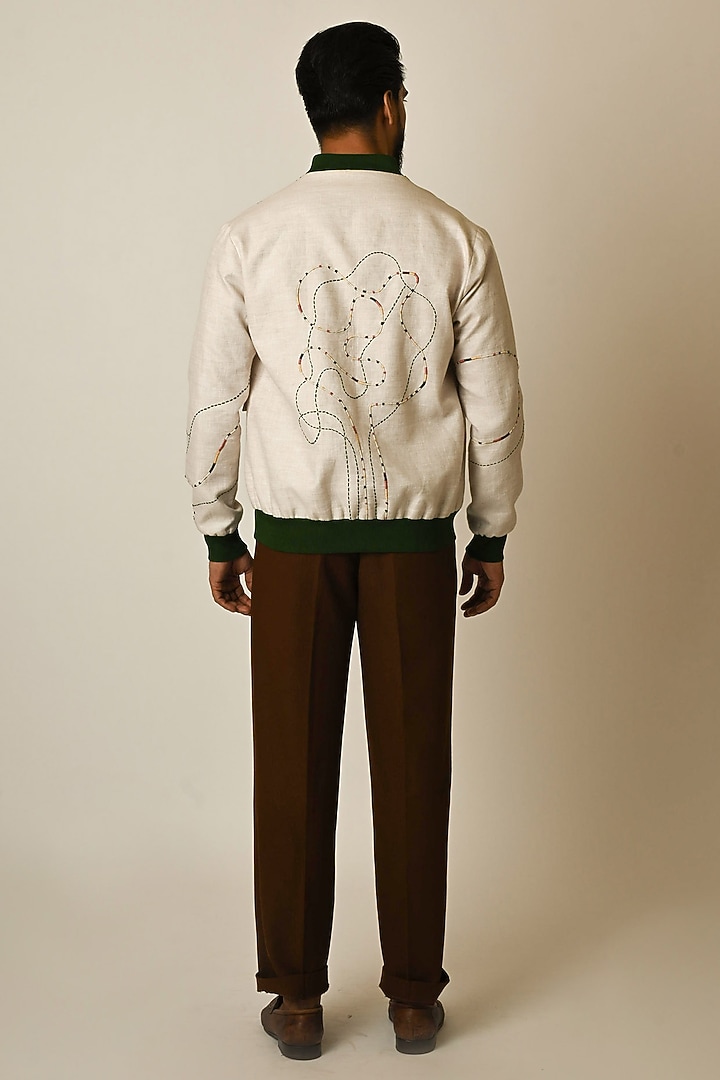 Dusty Beige Pure Linen Thread Embroidered Bomber Jacket by PAARSH at Pernia's Pop Up Shop