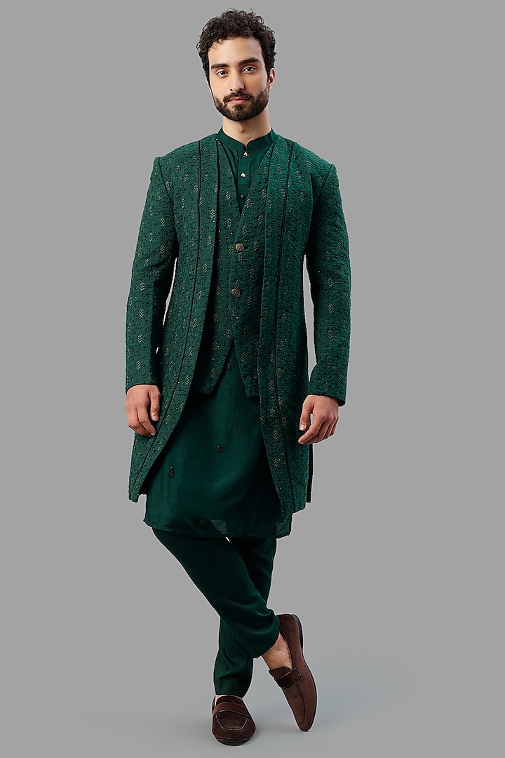 Emerald Green Embroidered Indowestern Set by PAARSH
