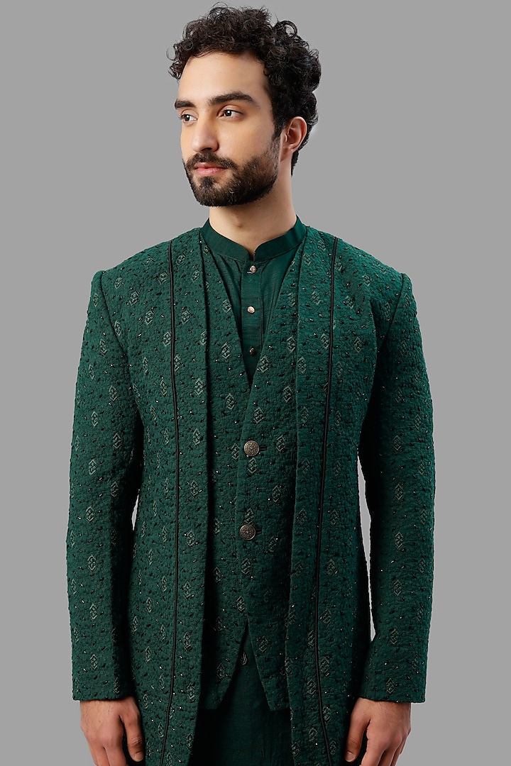 Emerald Green Embroidered Wedding Indowestern Set by PAARSH at Pernia's Pop Up Shop