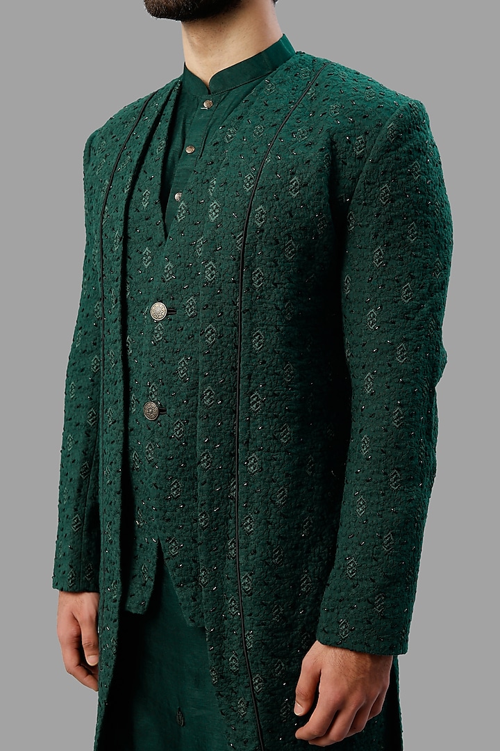 Emerald Green Embroidered Wedding Indowestern Set by PAARSH at Pernia's Pop Up Shop