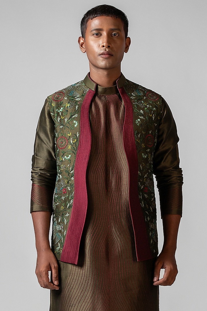 Olive Green & Maroon Chanderi Thread Work Nehru Jacket Set by PAARSH at Pernia's Pop Up Shop