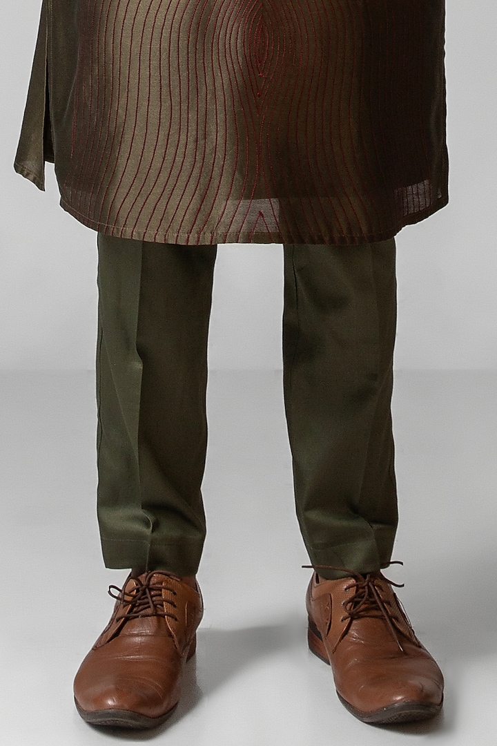 Olive Green & Maroon Chanderi Thread Work Nehru Jacket Set by PAARSH at Pernia's Pop Up Shop