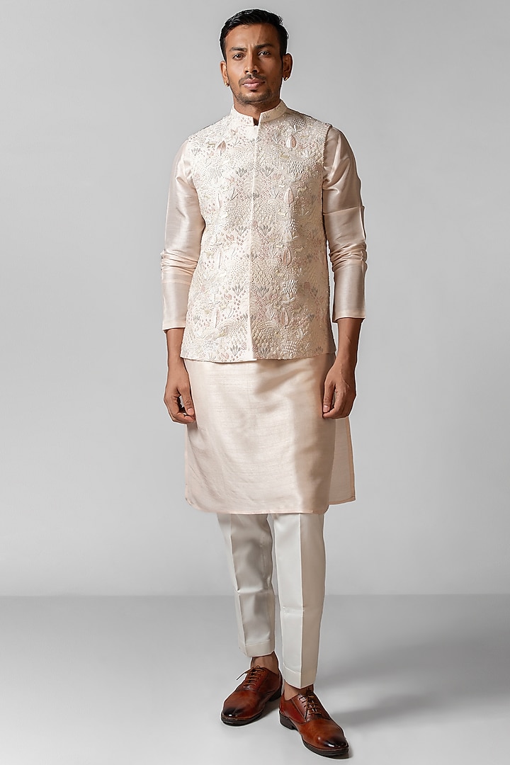 Blush Pink Linen Satin Resham Embroidered Nehru Jacket Set by PAARSH