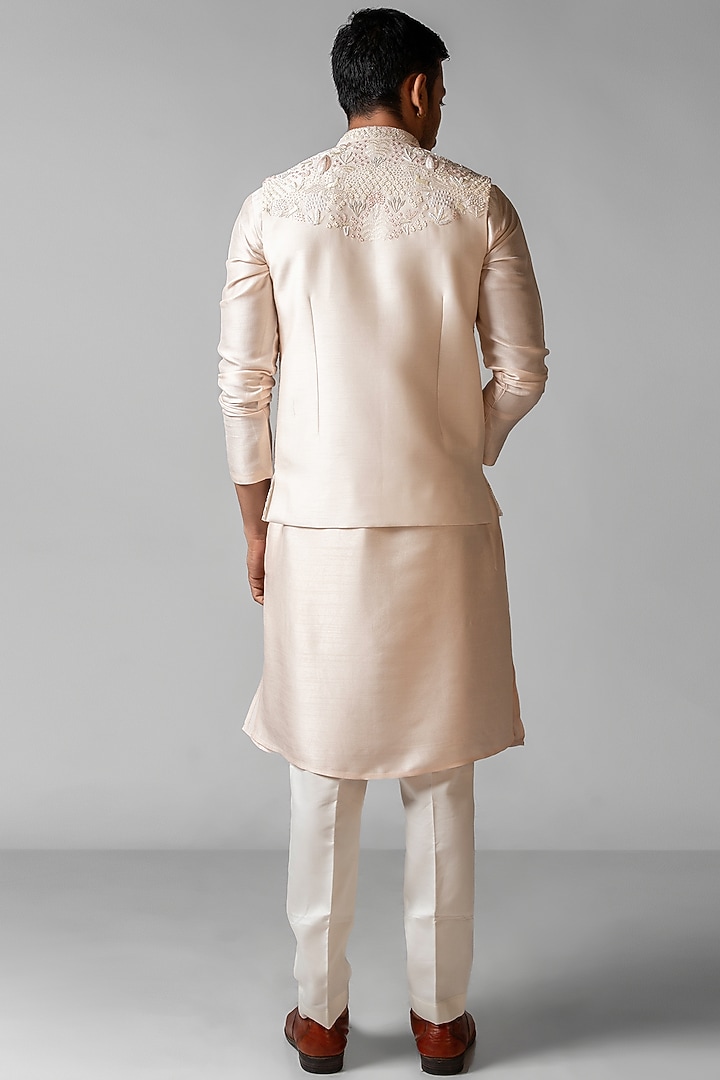 Blush Pink Linen Satin Resham Embroidered Nehru Jacket Set by PAARSH at Pernia's Pop Up Shop
