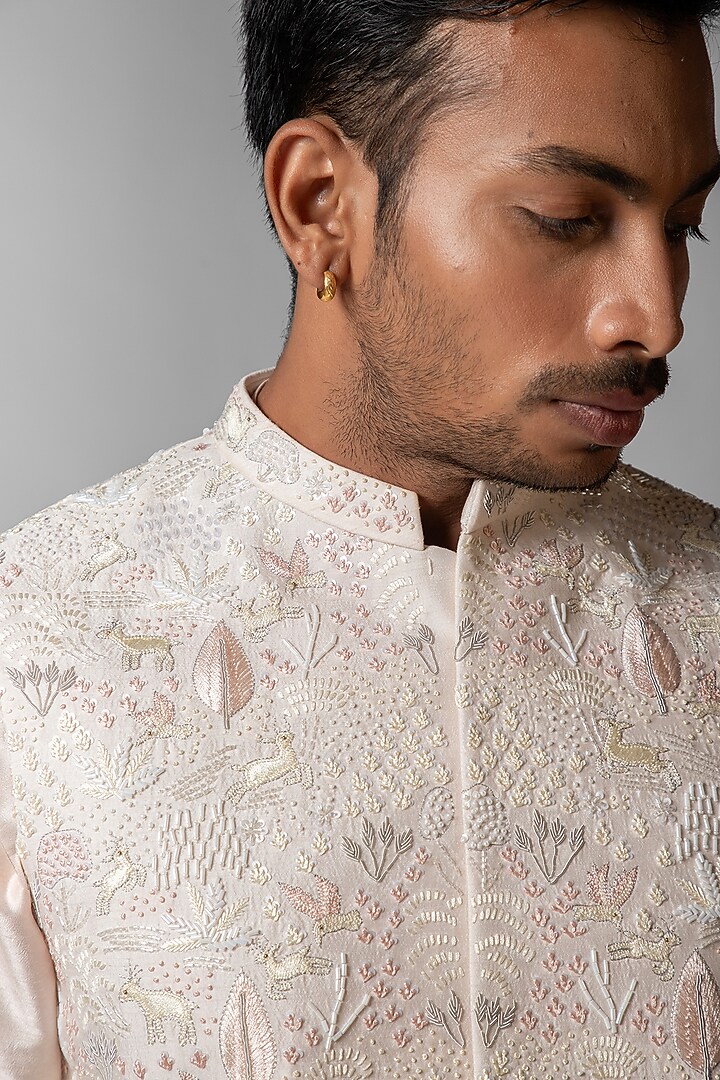 Blush Pink Linen Satin Resham Embroidered Nehru Jacket Set by PAARSH at Pernia's Pop Up Shop