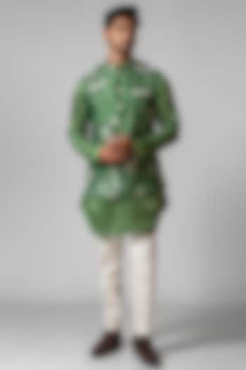 Sage Green Organza Floral Printed Nehru Jacket Set by PAARSH