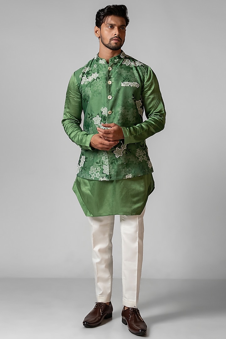 Sage Green Organza Floral Printed Nehru Jacket Set by PAARSH