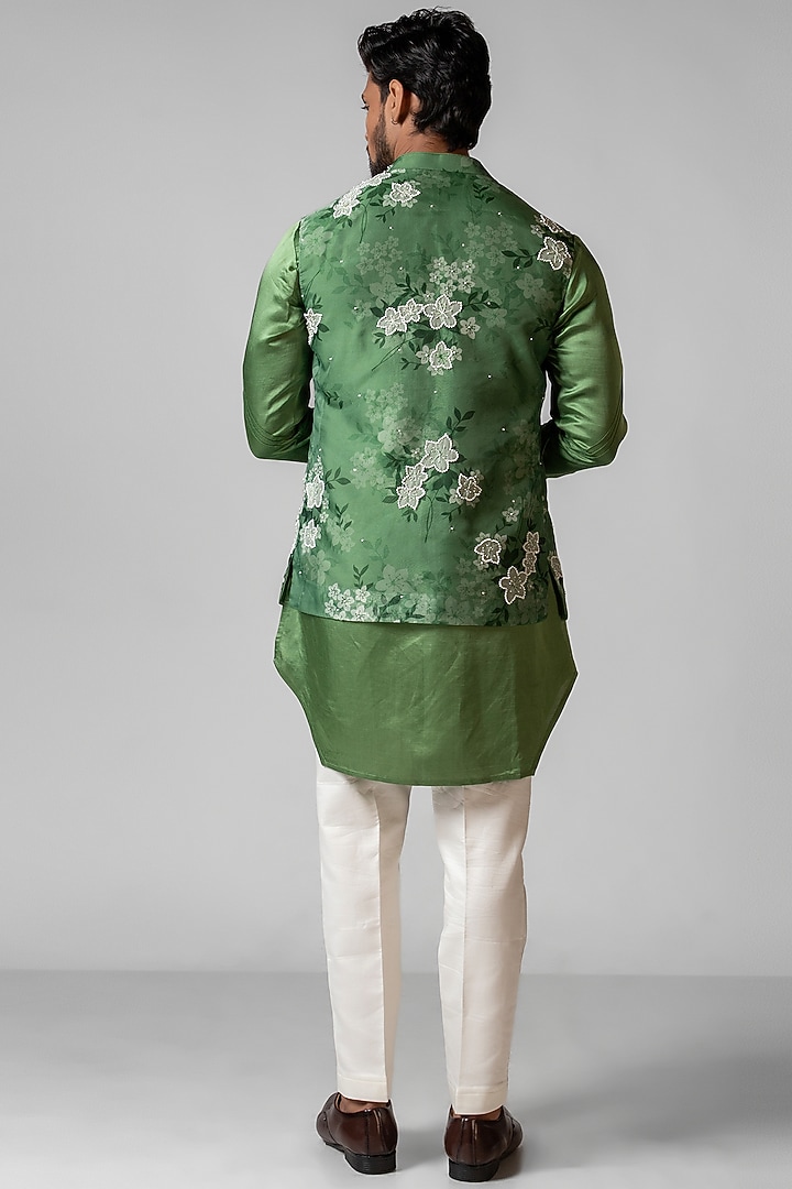 Sage Green Organza Floral Printed Nehru Jacket Set by PAARSH at Pernia's Pop Up Shop