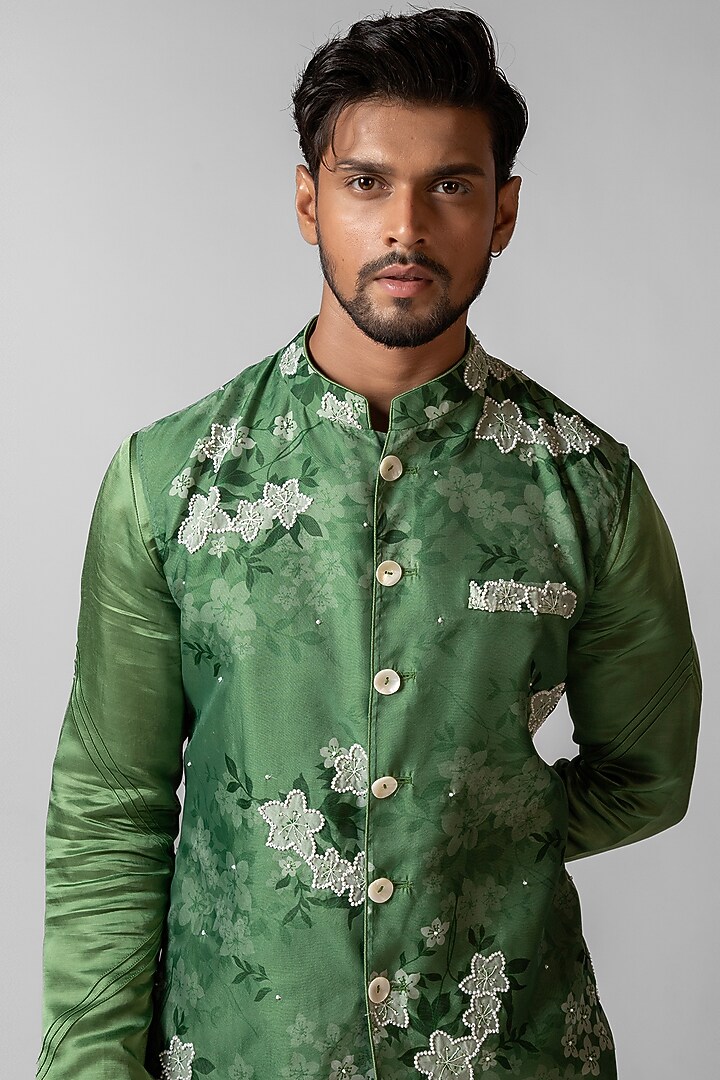 Sage Green Organza Floral Printed Nehru Jacket Set by PAARSH at Pernia's Pop Up Shop