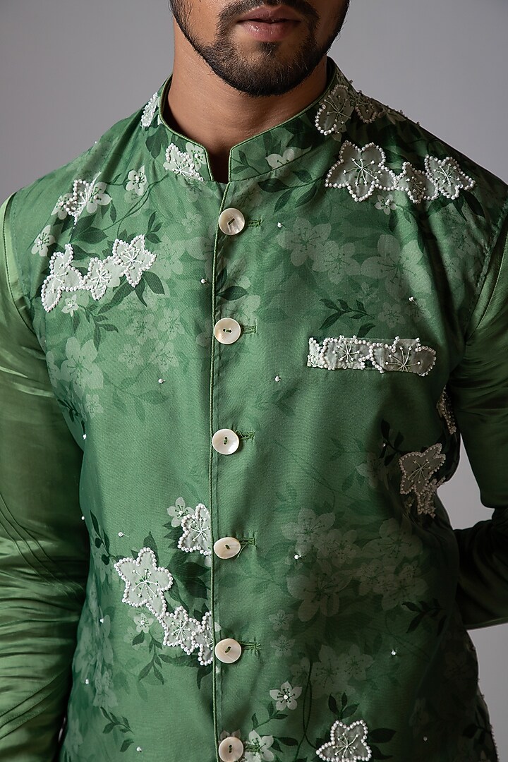 Sage Green Organza Floral Printed Nehru Jacket Set by PAARSH at Pernia's Pop Up Shop