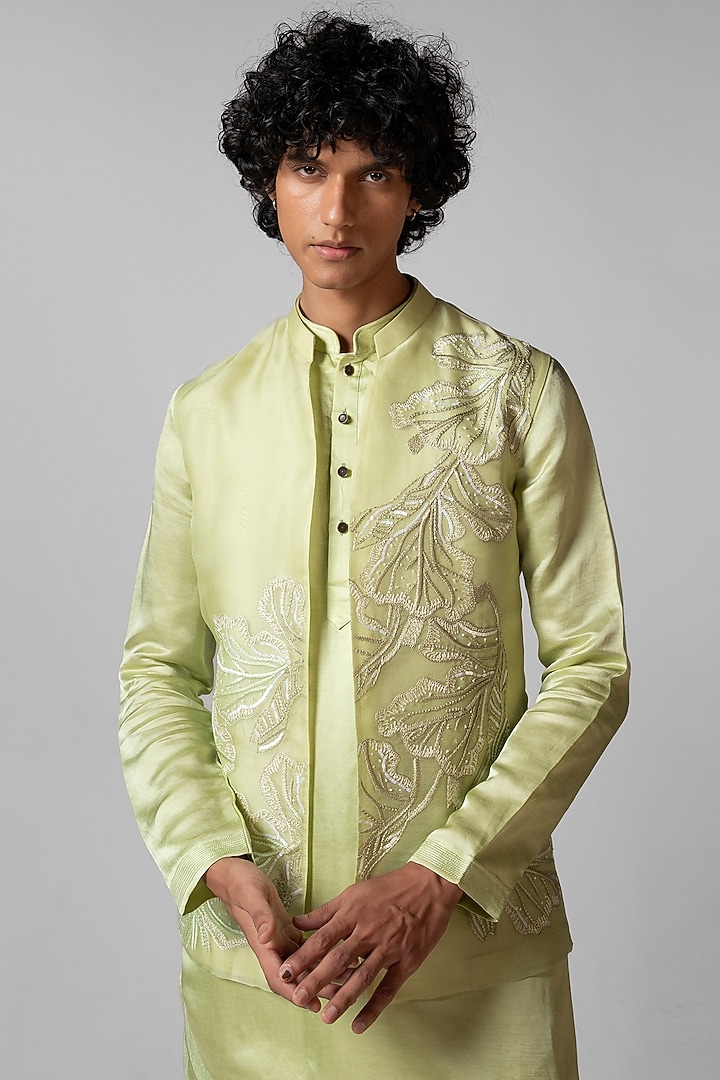 Pista Green Organza Resham Embroidered Nehru Jacket Set by PAARSH at Pernia's Pop Up Shop