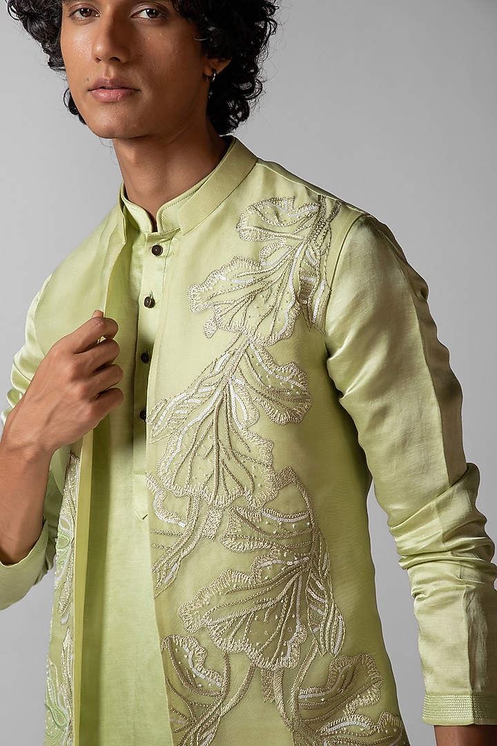 Pista Green Organza Resham Embroidered Nehru Jacket Set by PAARSH at Pernia's Pop Up Shop