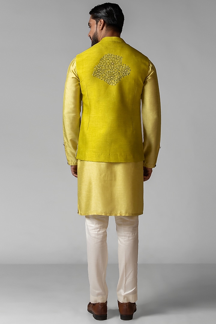 Wagle Green & Saple Yellow Bam Silk Resham Embroidered Nehru Jacket Set by PAARSH at Pernia's Pop Up Shop