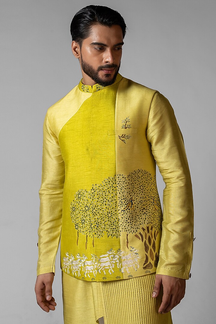 Wagle Green & Saple Yellow Bam Silk Resham Embroidered Nehru Jacket Set by PAARSH at Pernia's Pop Up Shop