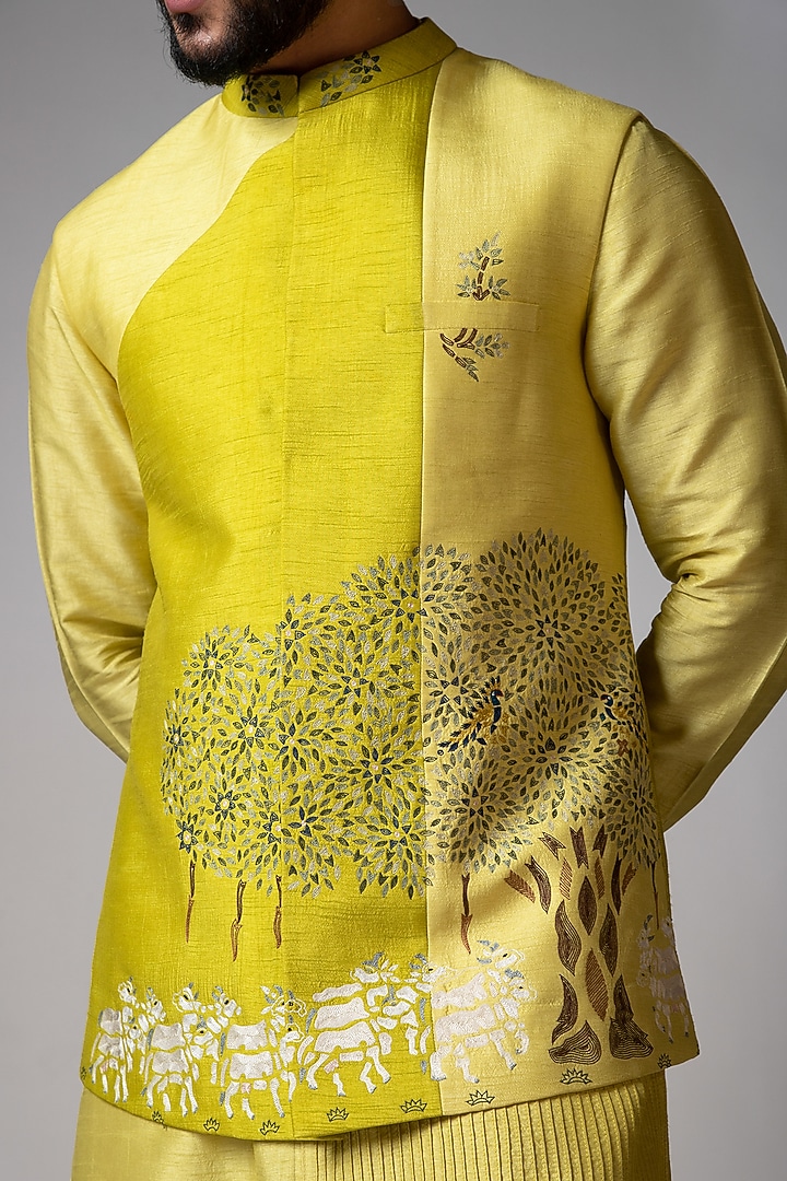 Wagle Green & Saple Yellow Bam Silk Resham Embroidered Nehru Jacket Set by PAARSH at Pernia's Pop Up Shop