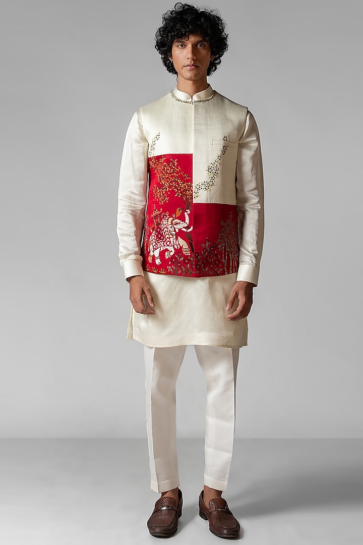 Ruby Red & Ivory Linen Satin Mirror Embroidered Nehru Jacket Set by PAARSH