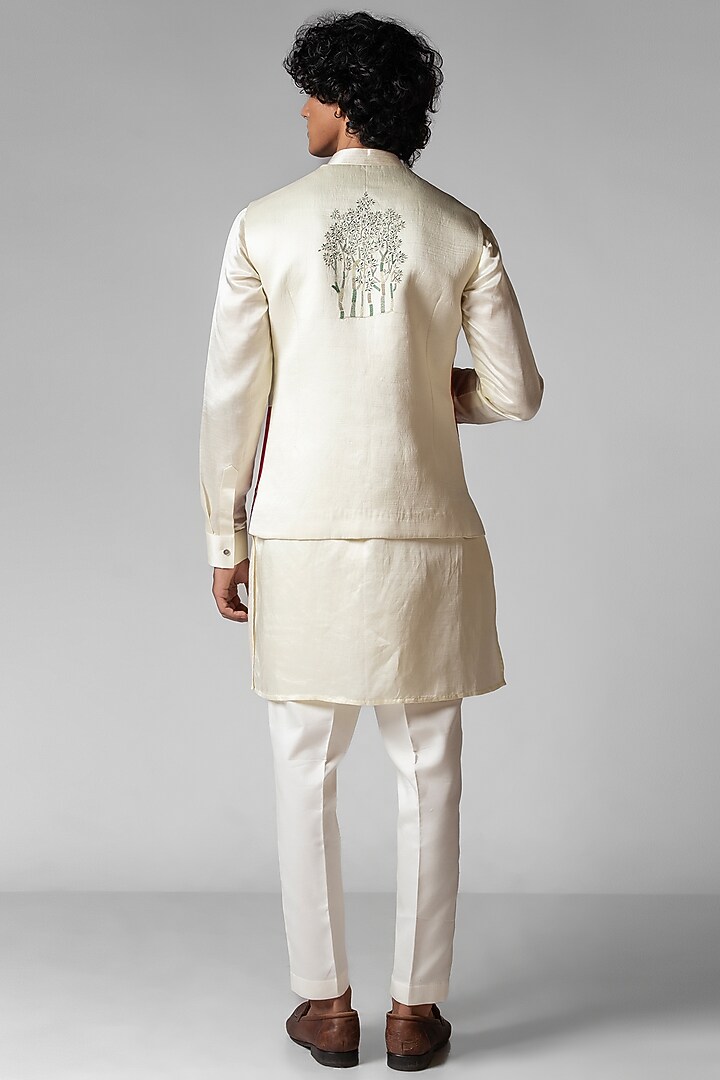 Ruby Red & Ivory Linen Satin Mirror Embroidered Nehru Jacket Set by PAARSH at Pernia's Pop Up Shop