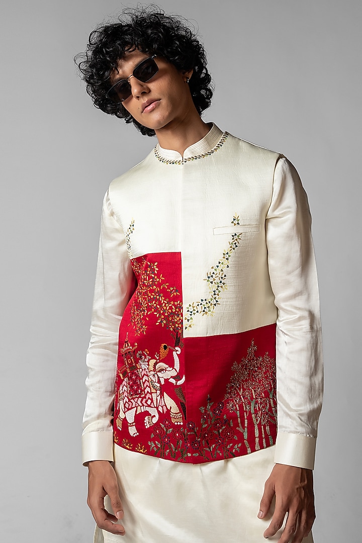 Ruby Red & Ivory Linen Satin Mirror Embroidered Nehru Jacket Set by PAARSH at Pernia's Pop Up Shop
