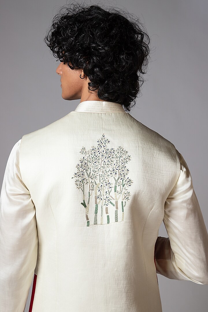 Ruby Red & Ivory Linen Satin Mirror Embroidered Nehru Jacket Set by PAARSH at Pernia's Pop Up Shop