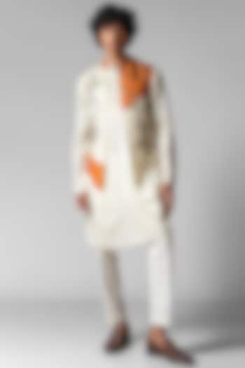 Tangy Orange & Ivory Organza Cutdana Embroidered Nehru Jacket Set by PAARSH