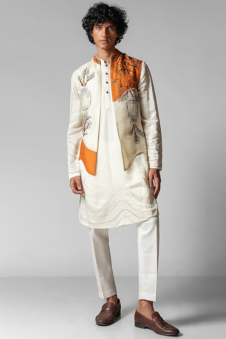 Tangy Orange & Ivory Organza Cutdana Embroidered Nehru Jacket Set by PAARSH