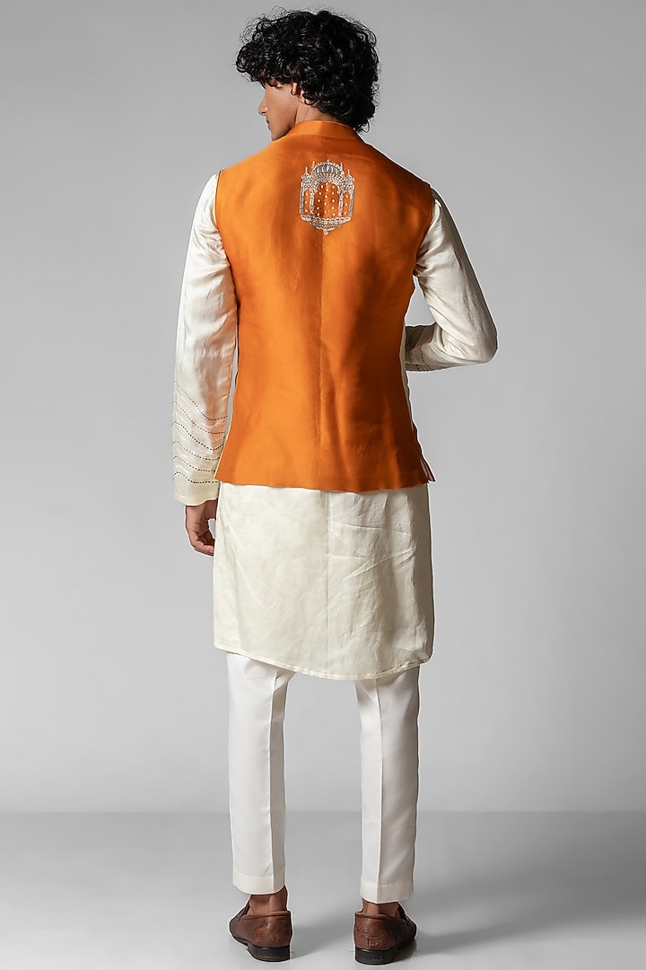 Tangy Orange & Ivory Organza Cutdana Embroidered Nehru Jacket Set by PAARSH at Pernia's Pop Up Shop