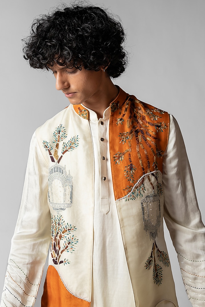 Tangy Orange & Ivory Organza Cutdana Embroidered Nehru Jacket Set by PAARSH at Pernia's Pop Up Shop