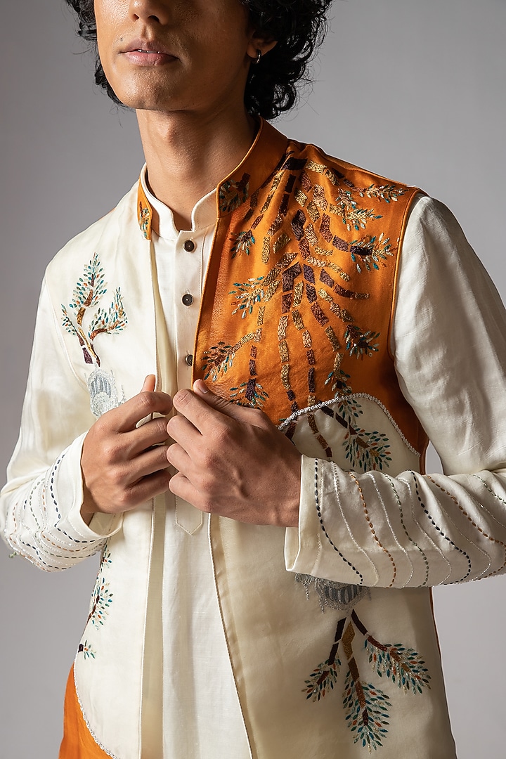 Tangy Orange & Ivory Organza Cutdana Embroidered Nehru Jacket Set by PAARSH at Pernia's Pop Up Shop