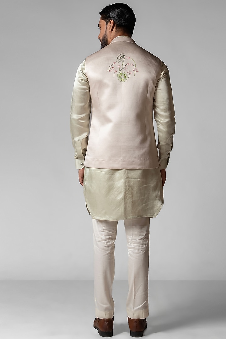 Dusty Ivory Linen Satin Cutdana Embroidered Nehru Jacket Set by PAARSH at Pernia's Pop Up Shop