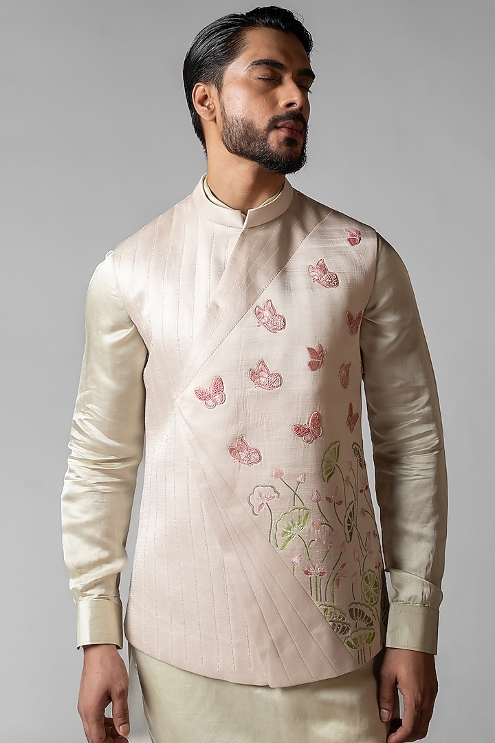 Dusty Ivory Linen Satin Cutdana Embroidered Nehru Jacket Set by PAARSH at Pernia's Pop Up Shop