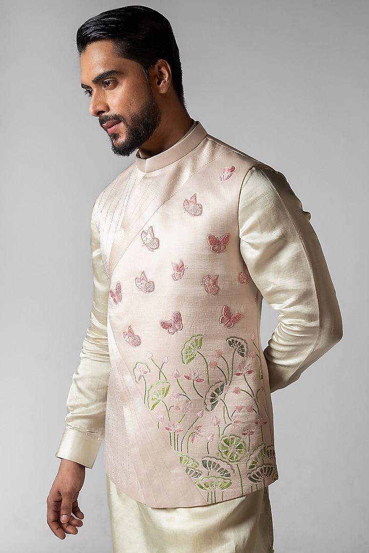 Dusty Ivory Linen Satin Cutdana Embroidered Nehru Jacket Set by PAARSH at Pernia's Pop Up Shop