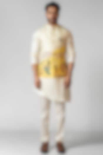 Kush Yellow & Ivory Organza Sequin Embroidered Nehru Jacket Set by PAARSH