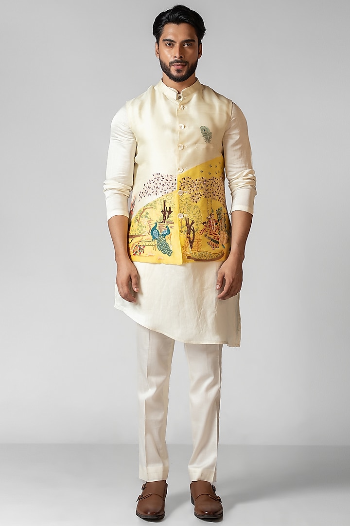 Kush Yellow & Ivory Organza Sequin Embroidered Nehru Jacket Set by PAARSH