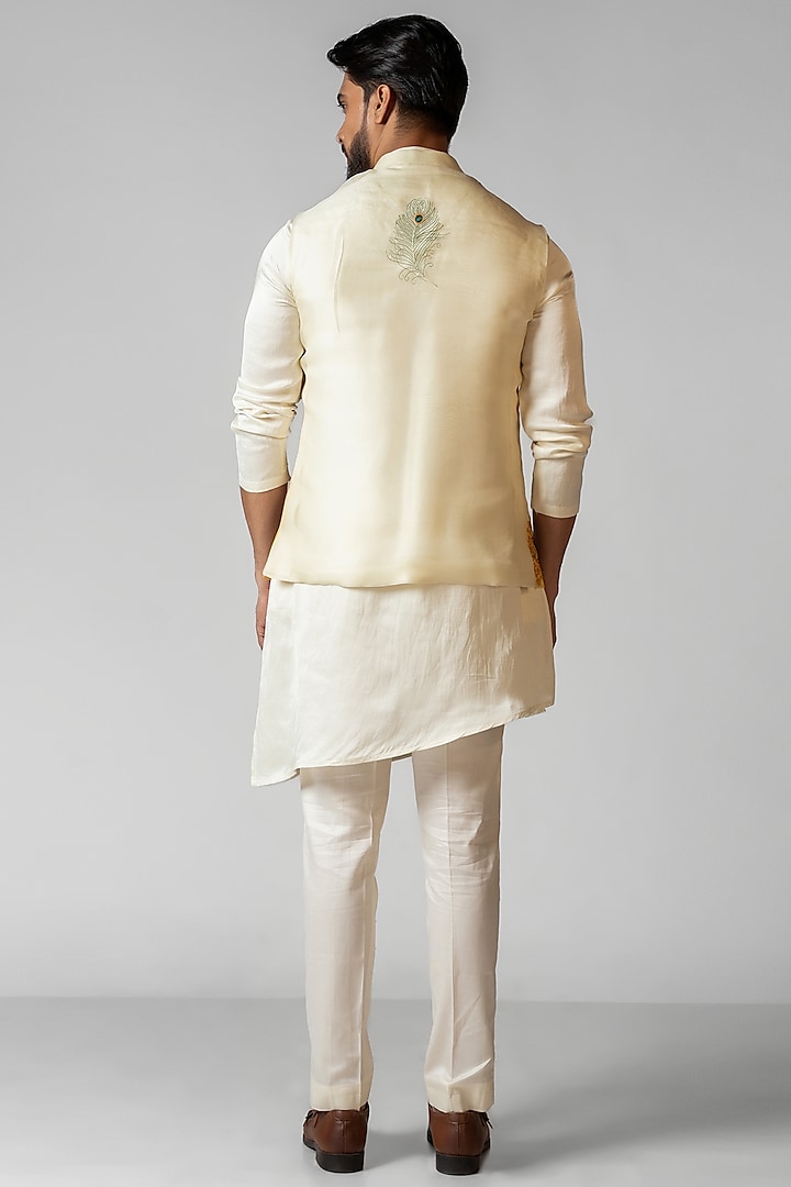 Kush Yellow & Ivory Organza Sequin Embroidered Nehru Jacket Set by PAARSH at Pernia's Pop Up Shop