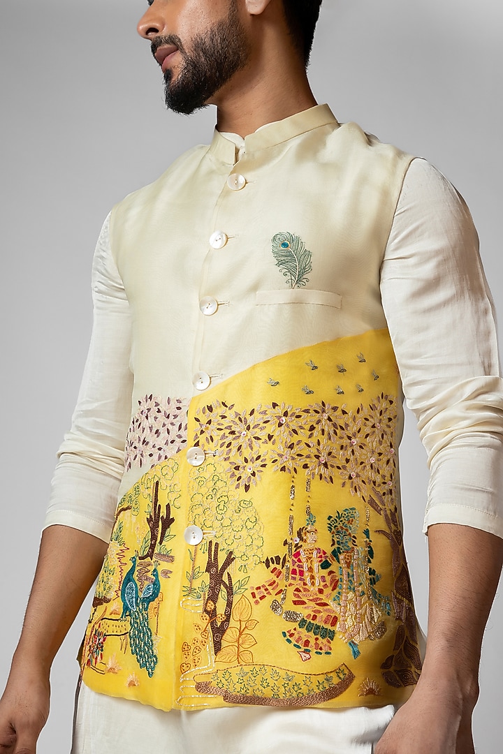 Kush Yellow & Ivory Organza Sequin Embroidered Nehru Jacket Set by PAARSH at Pernia's Pop Up Shop