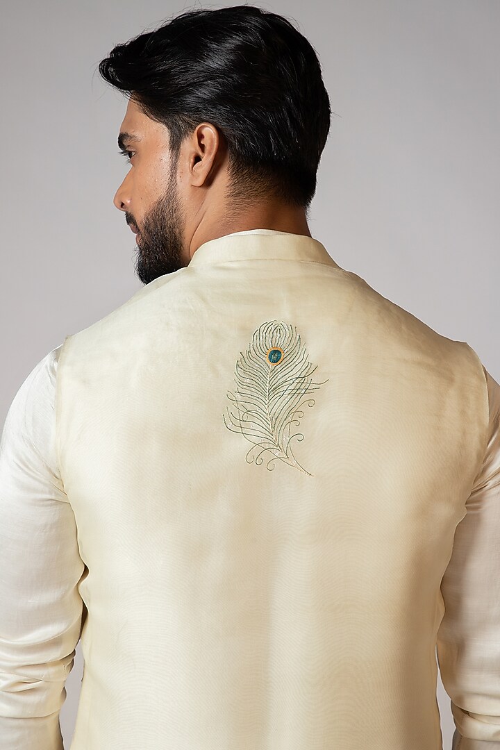 Kush Yellow & Ivory Organza Sequin Embroidered Nehru Jacket Set by PAARSH at Pernia's Pop Up Shop