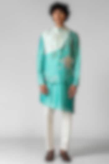 Aqua Blue & Magnea Blue Organza Cutdana Embroidered Nehru Jacket Set by PAARSH