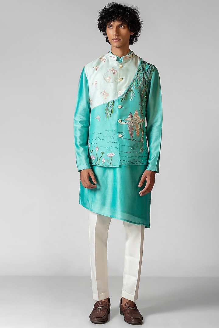 Aqua Blue & Magnea Blue Organza Cutdana Embroidered Nehru Jacket Set by PAARSH