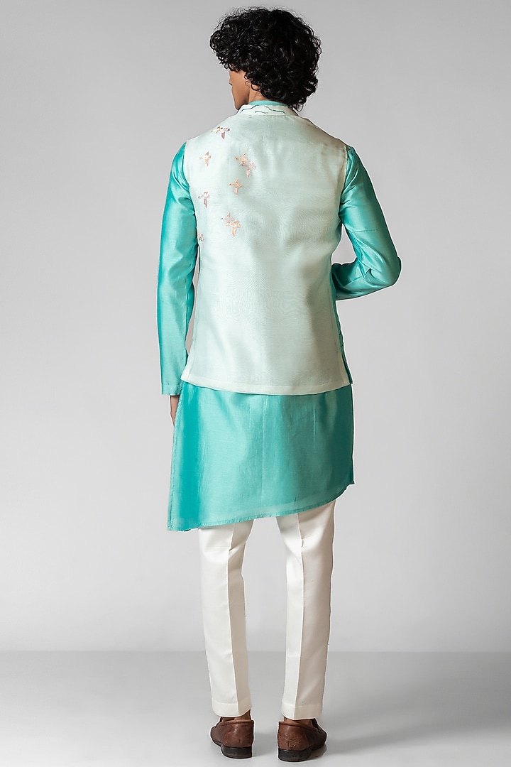 Aqua Blue & Magnea Blue Organza Cutdana Embroidered Nehru Jacket Set by PAARSH at Pernia's Pop Up Shop