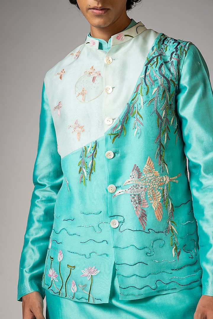 Aqua Blue & Magnea Blue Organza Cutdana Embroidered Nehru Jacket Set by PAARSH at Pernia's Pop Up Shop