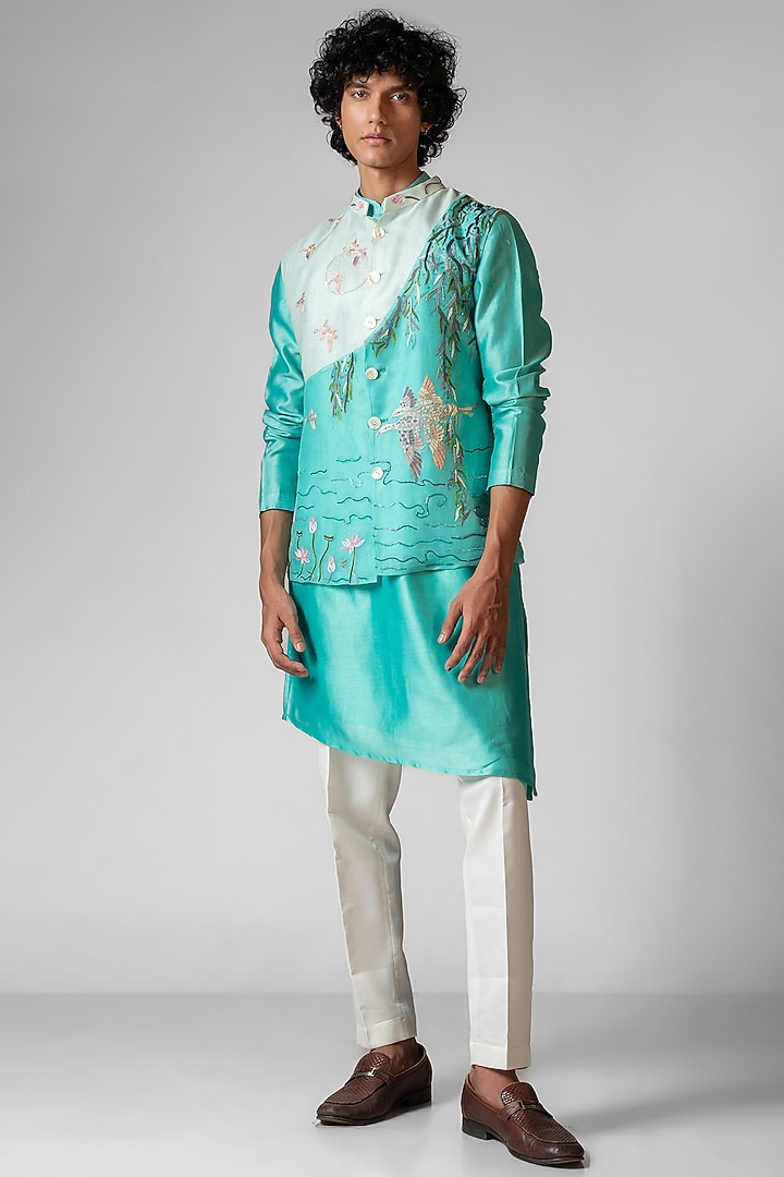 Aqua Blue & Magnea Blue Organza Cutdana Embroidered Nehru Jacket Set by PAARSH at Pernia's Pop Up Shop