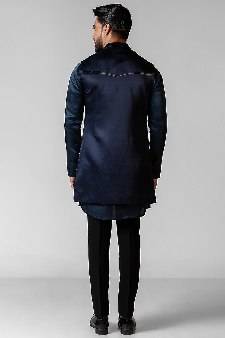 Navy Peony Organza Applique Embroidered Nehru Jacket Set by PAARSH at Pernia's Pop Up Shop