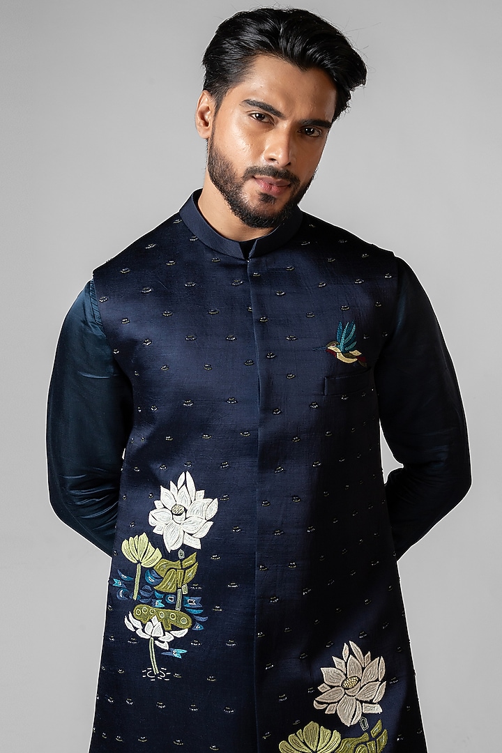 Navy Peony Organza Applique Embroidered Nehru Jacket Set by PAARSH at Pernia's Pop Up Shop