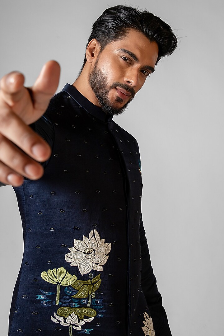 Navy Peony Organza Applique Embroidered Nehru Jacket Set by PAARSH at Pernia's Pop Up Shop