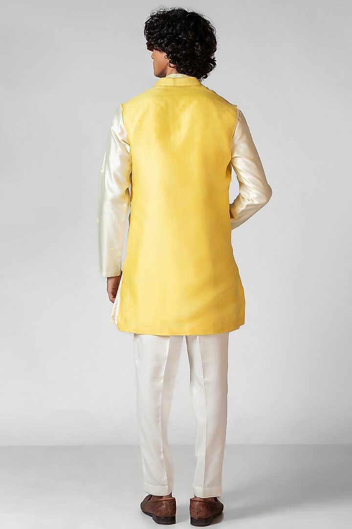 Paris Daisy Yellow Organza Applique Embroidered Nehru Jacket Set by PAARSH at Pernia's Pop Up Shop