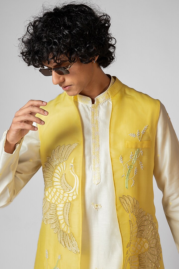 Paris Daisy Yellow Organza Applique Embroidered Nehru Jacket Set by PAARSH at Pernia's Pop Up Shop
